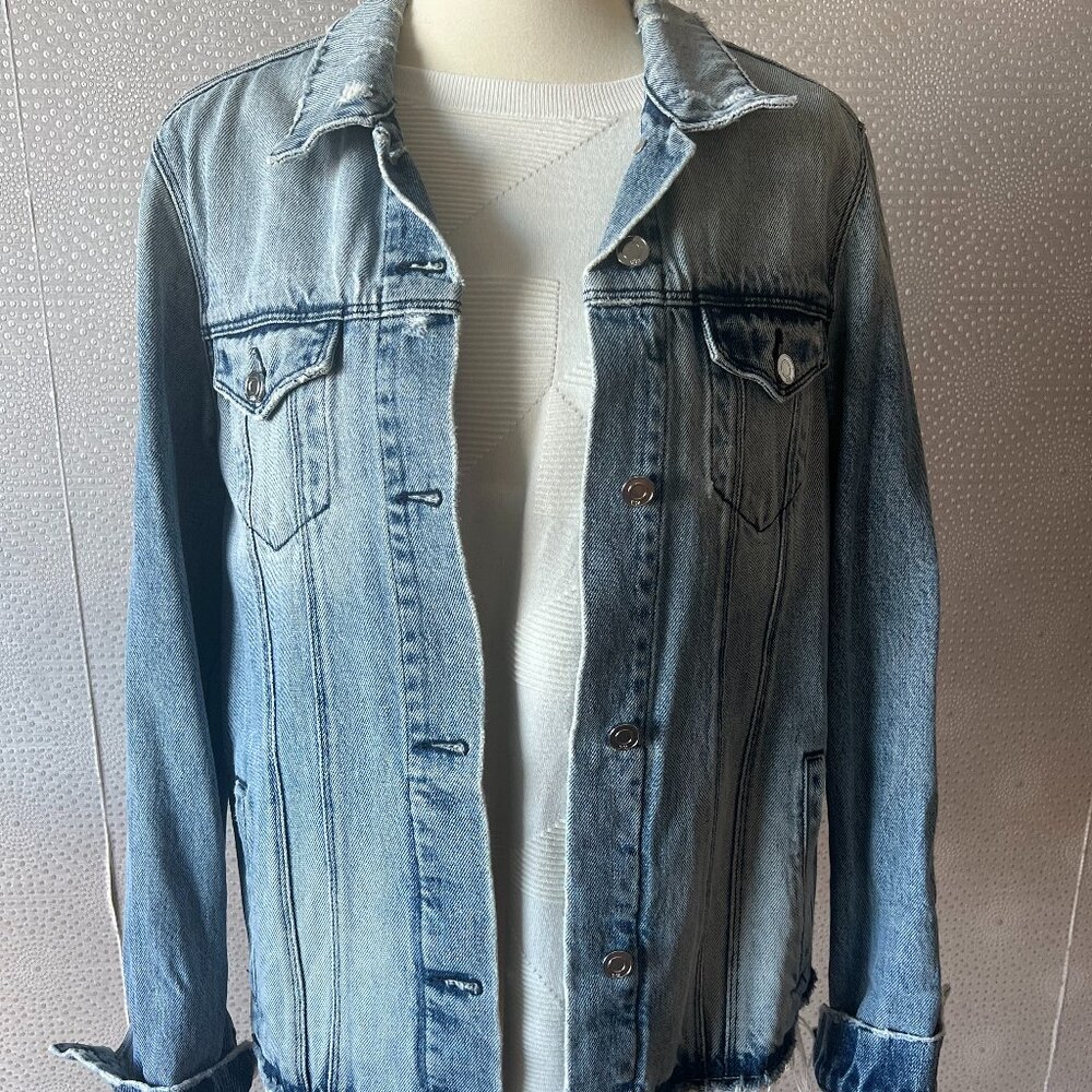 R+A Womens Blue Frayed Hem Denim Button Up Western Trucker Jacket Size L